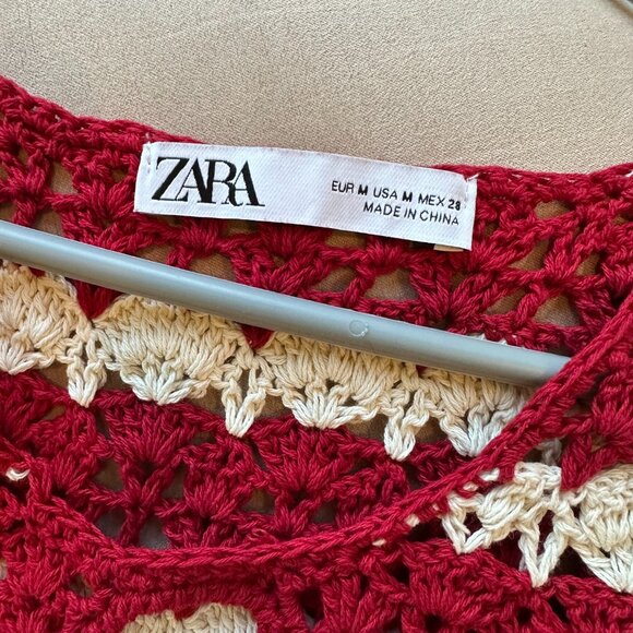 Zara medium size, trendy, stylish, sleeveless red and cream crochet sweater - Picture 3 of 7